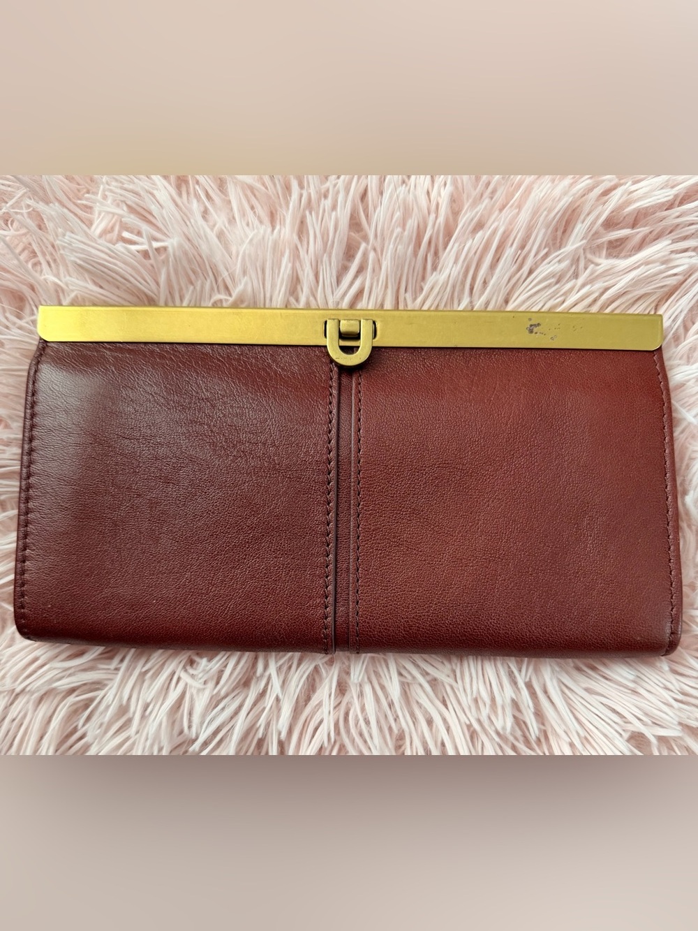 Fossil Brick Red Leather Frame Clutch with Gold Hardware